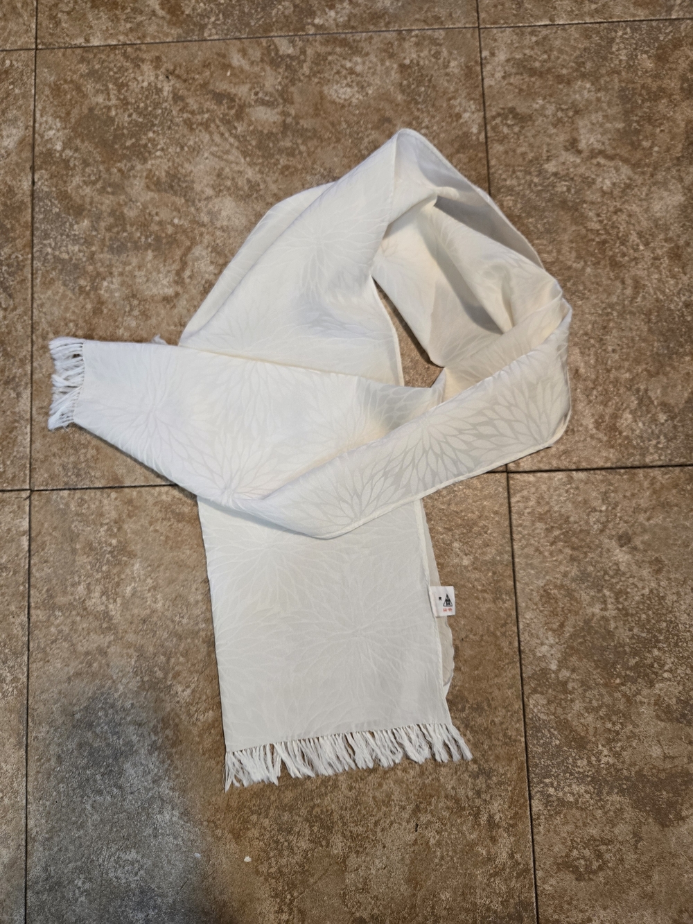 Vintage Shanghai Silk Scarf 100% Pure Silk White Damask Fringe • Good